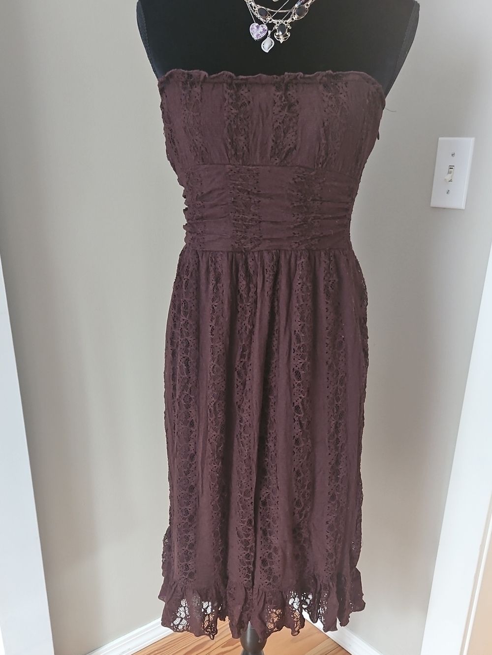 Fire Los Angeles Strapless Brown Lace Midi Dress